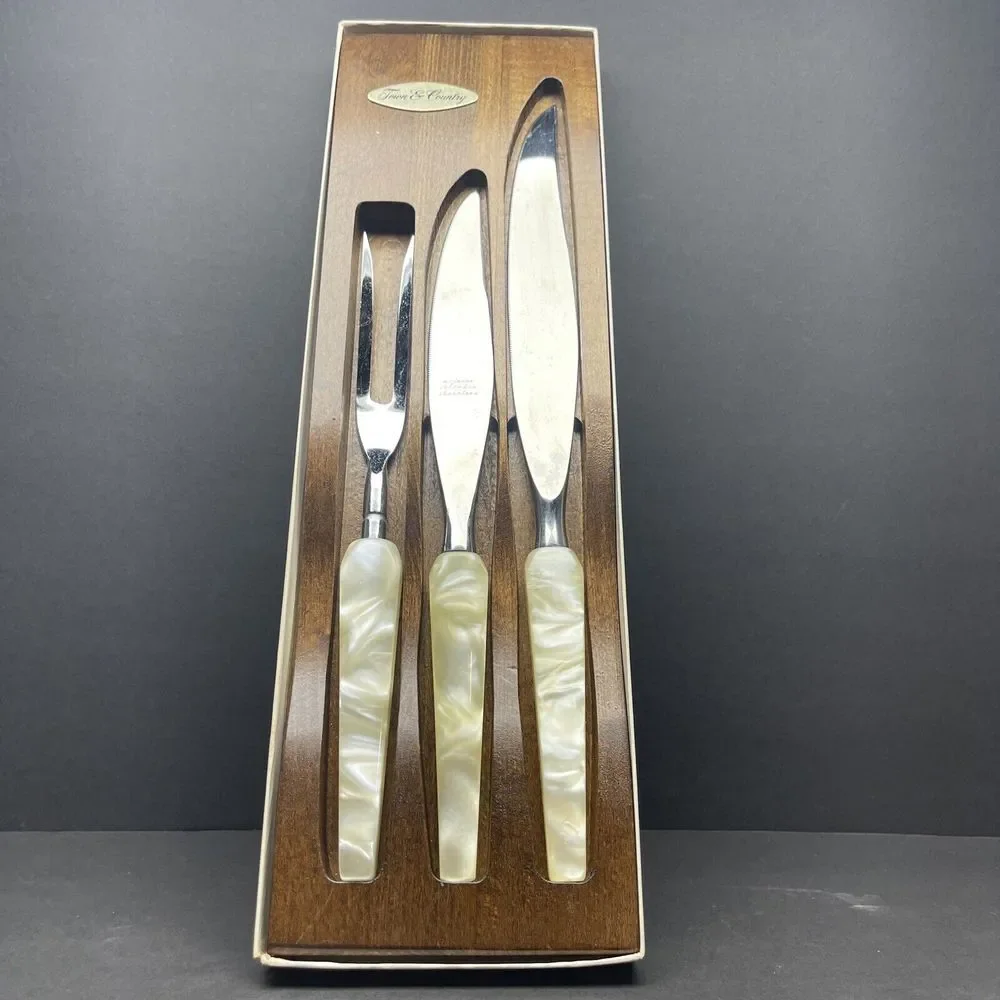 VTG TOWN & COUNTRY FLEETWOOD 3 PIECE KNIFE CARVING SET‎ CELLULOID MCM